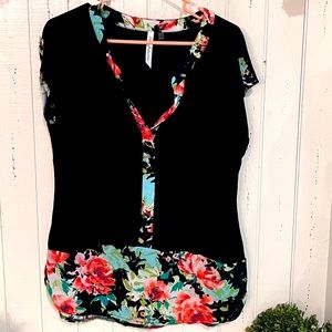 Flower accent black blouse